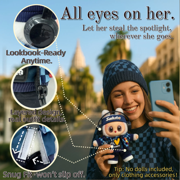 Blue Hoodie Outfit Set for 17cm / 6.69in Doll – Casual Streetwear Clothes with Headphones, Plaid Jacket, Pants and Shoes – (Doll Not Included) - Image 47