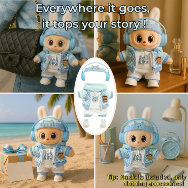 Blue Hoodie Outfit Set for 17cm / 6.69in Doll – Casual Streetwear Clothes with Headphones, Plaid Jacket, Pants and Shoes – (Doll Not Included) - Image 37