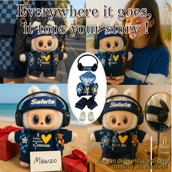 Blue Hoodie Outfit Set for 17cm / 6.69in Doll – Casual Streetwear Clothes with Headphones, Plaid Jacket, Pants and Shoes – (Doll Not Included) - Image 48