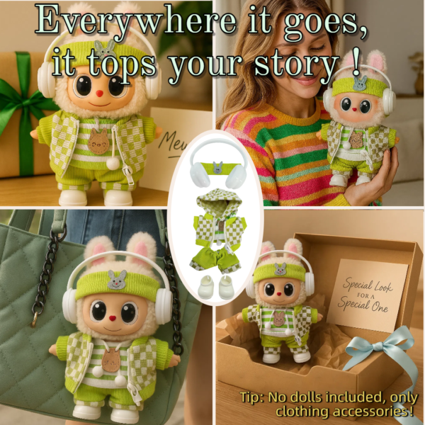 Blue Hoodie Outfit Set for 17cm / 6.69in Doll – Casual Streetwear Clothes with Headphones, Plaid Jacket, Pants and Shoes – (Doll Not Included) - Image 23