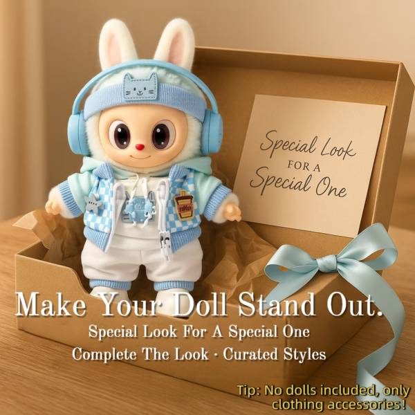Blue Hoodie Outfit Set for 17cm / 6.69in Doll – Casual Streetwear Clothes with Headphones, Plaid Jacket, Pants and Shoes – (Doll Not Included) - Image 35
