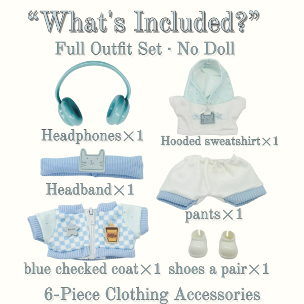 Blue Hoodie Outfit Set for 17cm / 6.69in Doll – Casual Streetwear Clothes with Headphones, Plaid Jacket, Pants and Shoes – (Doll Not Included) - Image 34