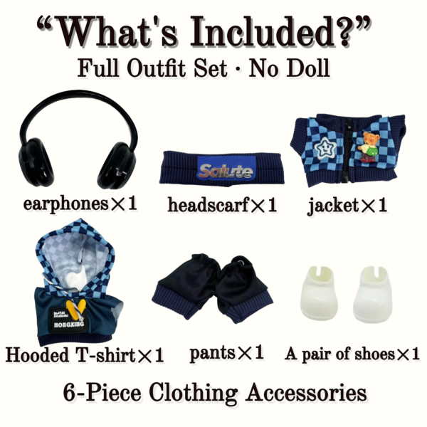 Blue Hoodie Outfit Set for 17cm / 6.69in Doll – Casual Streetwear Clothes with Headphones, Plaid Jacket, Pants and Shoes – (Doll Not Included) - Image 50